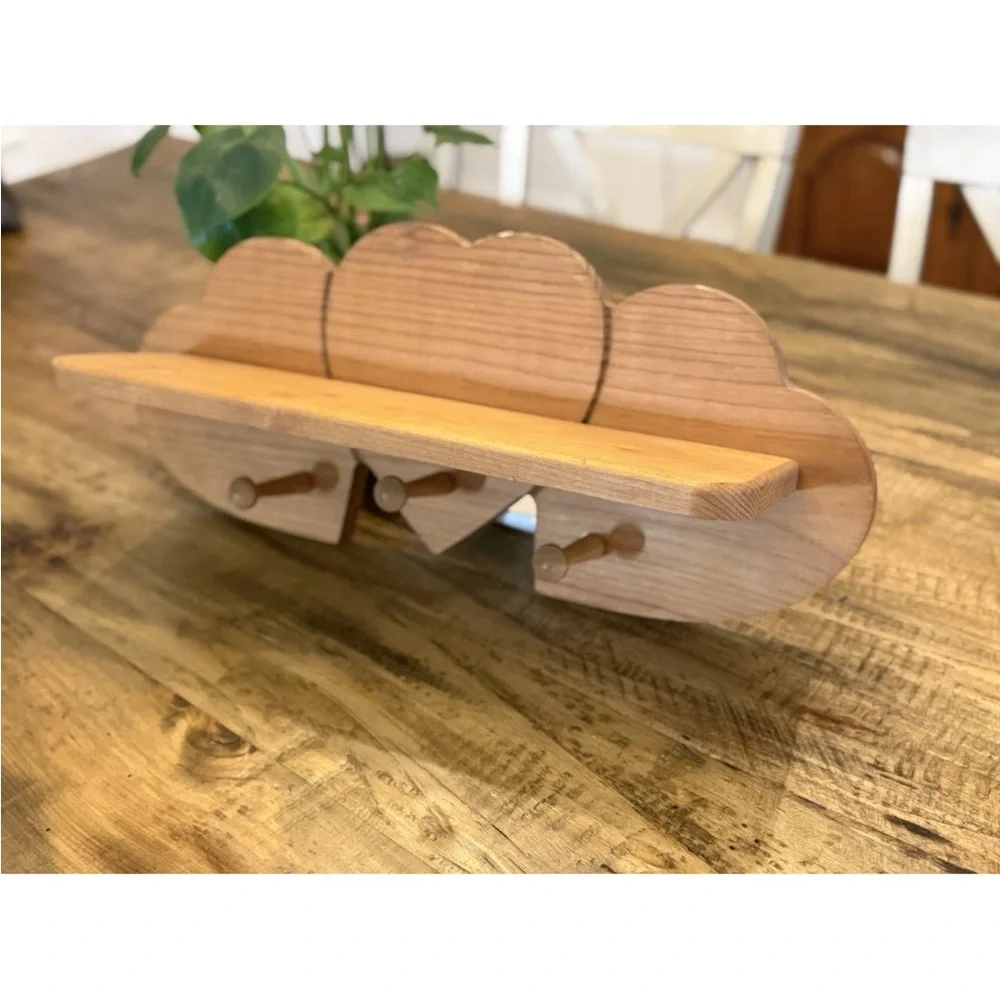 Vintage Solid Wooden Heart Shelf with 3 Peg Hooks 21” Beautiful Piece